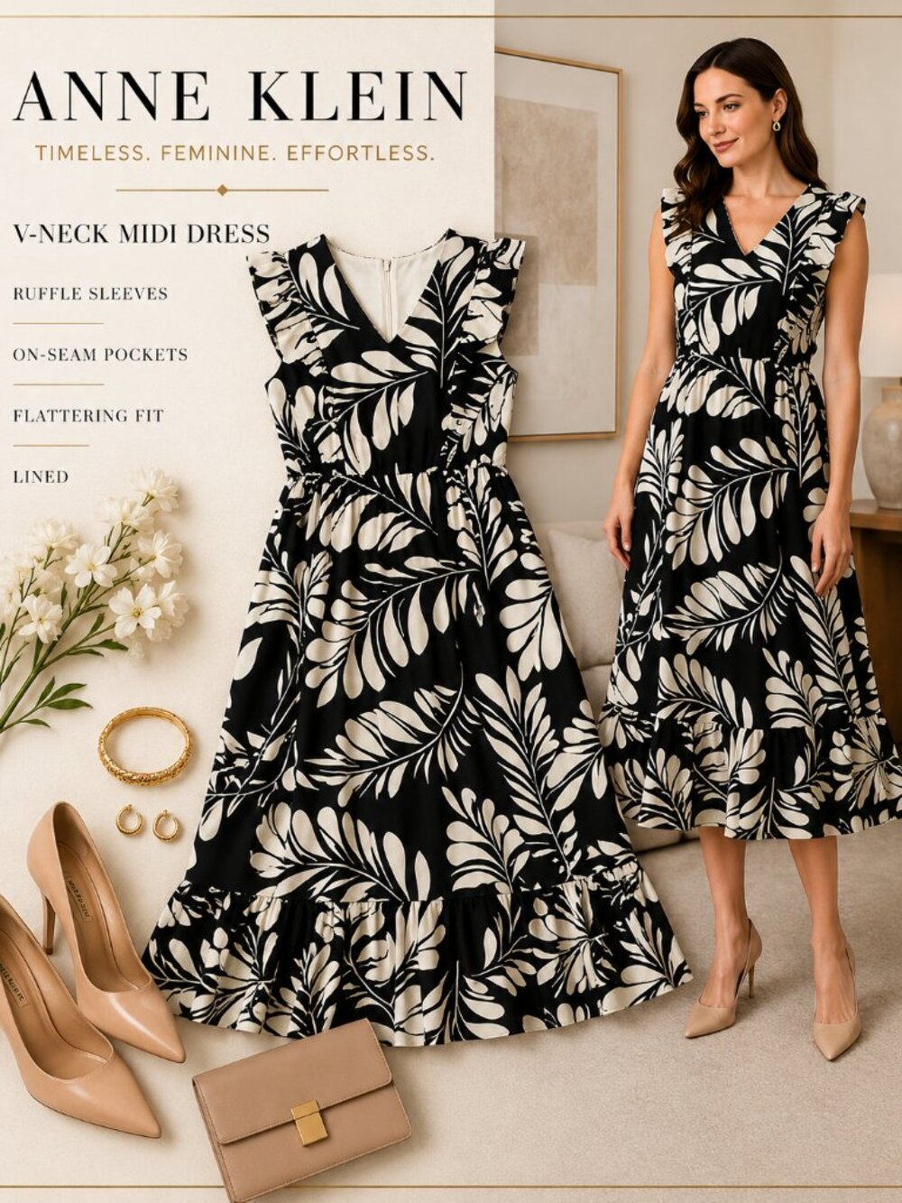 Anne Klein Palm Leaf Print Midi Dress NWT Size 12 Office Work Vacation Classic